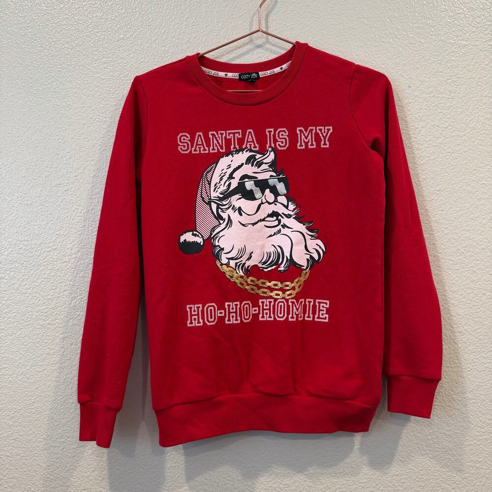Cozy Zoe Christmas Graphic Sweatshirt Santa Is My Ho Ho Homie red